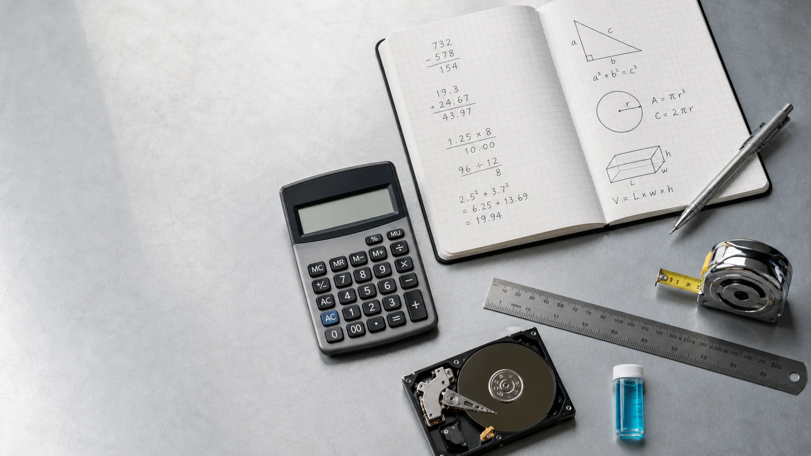 Calculator, graph paper, ruler, hard drive, tape measure, and water test vial on a metal worktable